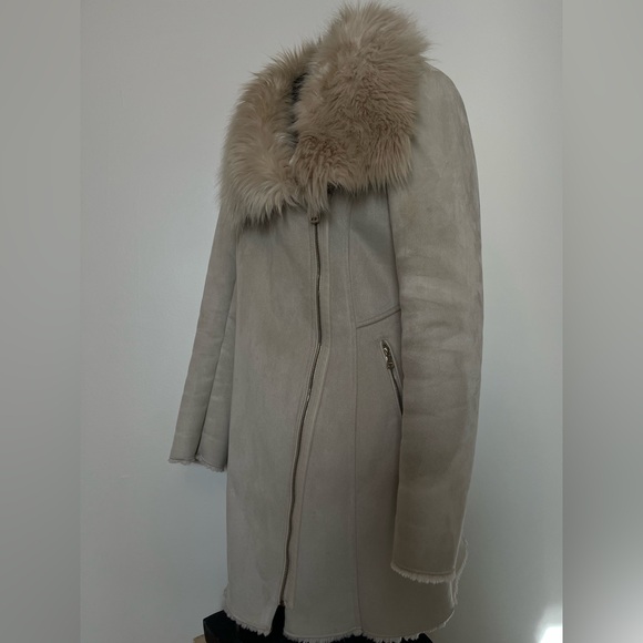 Calvin Klein Soft Latte Faux Suede Coat with Fur Collar - Picture 4 of 13